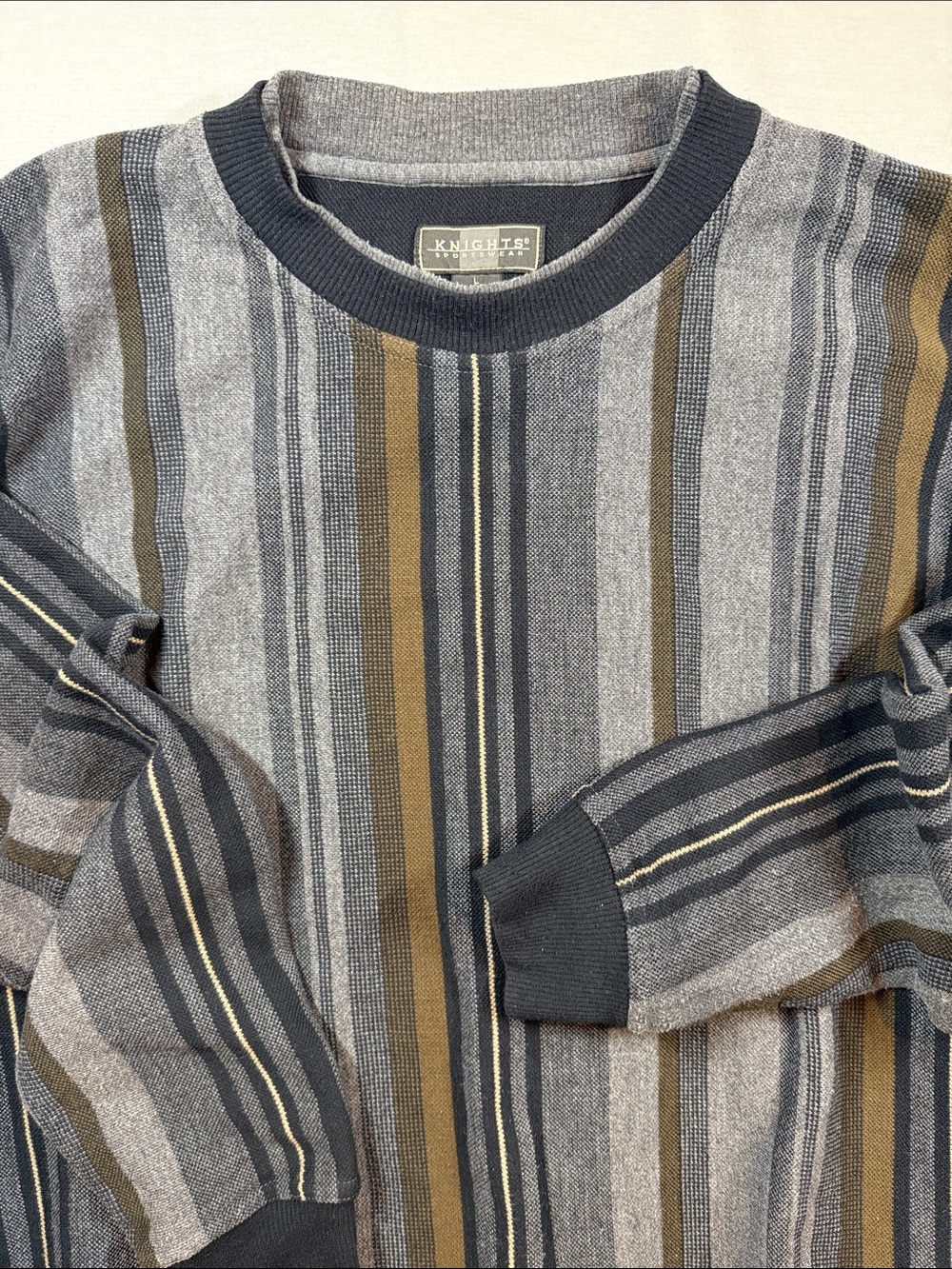 Knights Sportswear Crewneck Sweater Vintage 90s Vertical Stripe Gray Brown L